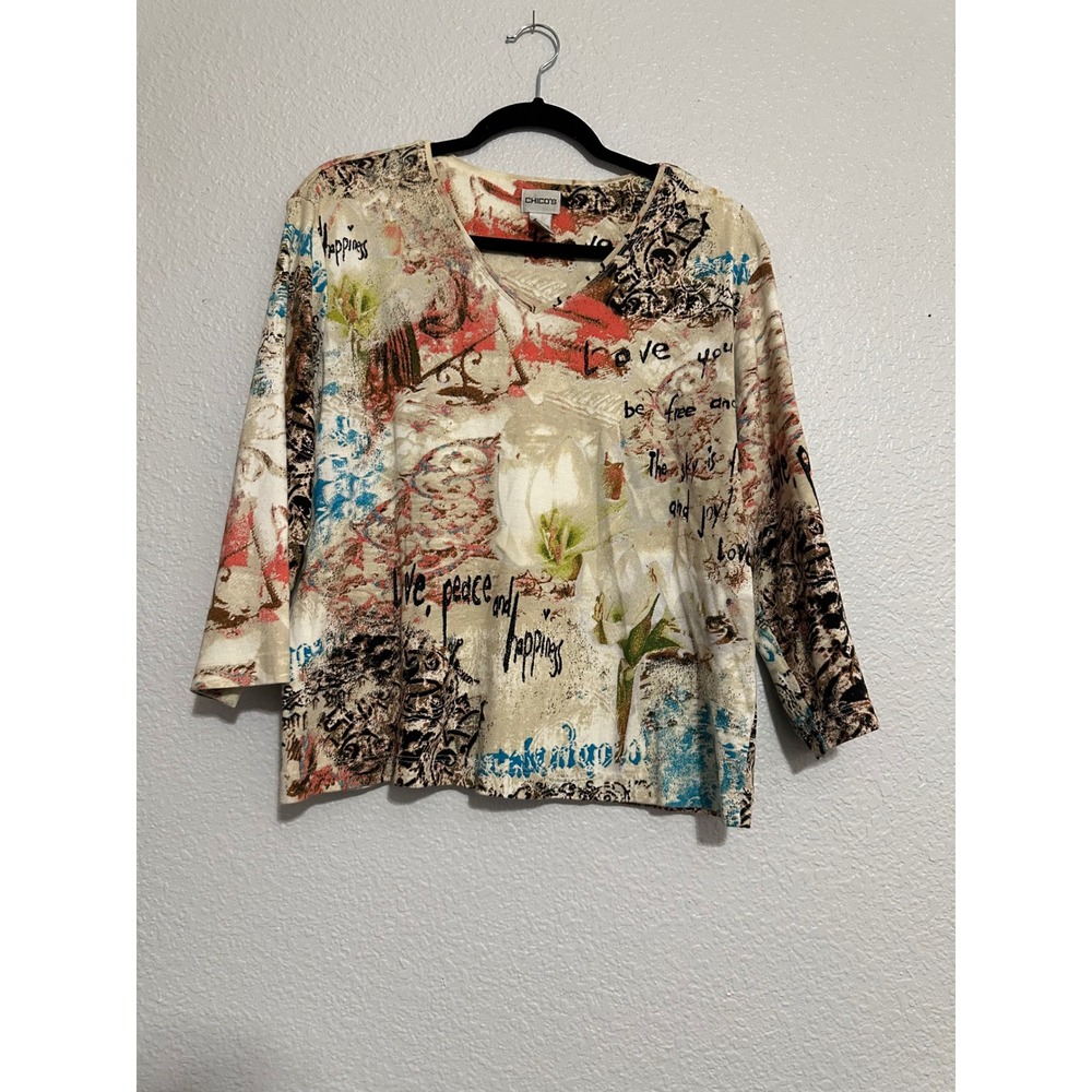 Chico's Artistic Abstract Script Print V-Neck Cotton Top Multi-Color Size 2 L